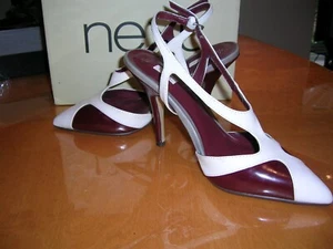 NEXT ART DECO STYLE BURGUNDY & WHITE WOMENS LEATHER SHOES SANDALS SIZE 6.5 BOXED - Picture 1 of 24