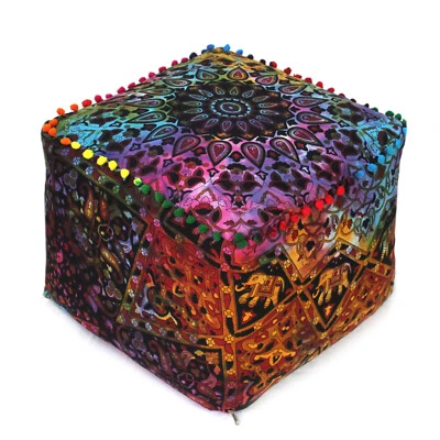 Handmade Cotton floor Ottoman Pouf -Square Pouf with Multicolor Pom poms Lace - Image 1 of 4