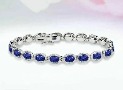 15 Ct Oval Cut Blue Tanzanite Diamond 14K White Gold Finish Halo Tennis Bracelet - Image 1 of 4