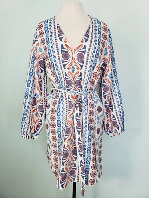 Boden 6L Sky Tie Waist Mini Kaftan Dress 100% Linen Bohemian Arty Floral NWT - Image 1 of 4