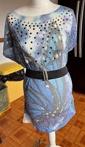 VGC Ladies BERSHKA Fossil GREY & Mid BLUE Print GLADIATOR Studded BELTED Dress S - Picture 1 of 13