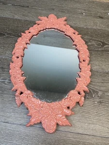 Vintage Oval Ornate Cast Metal Wall Hanging Mirror 16x9” Pink - Picture 1 of 11