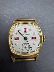 Vintage Columbia Gold Tone Jewelled Dial Art Deco Watch No Band For Parts/Repair - Picture 1 of 9