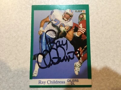 Tarjeta de fútbol americano Fleer Ray Childress 1991 autografiada Houston Oilers Texas A & M Foto 1 de 2