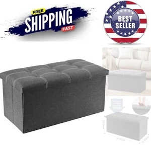 Folding Ottoman Grey Linen Fabric Storage Bench 15x30 Inches Footrest - Picture 1 of 11