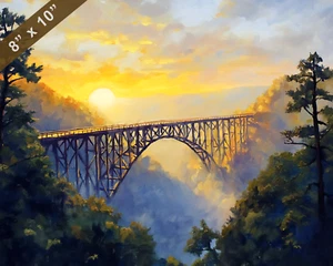 New River Gorge Bridge with sunrise oil painting 8x10 Print - Picture 1 of 1