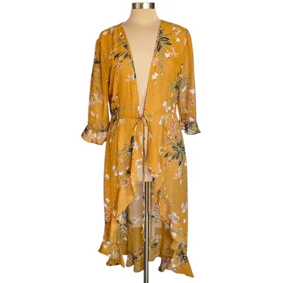 Charlotte Russe Mustard Floral Ruffled Kimono Tie Waist LARGE Boho Fall Casual - Image 1 of 4