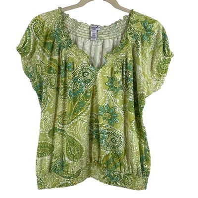 Caribbean Joe Plus 1X Top Green Paisley Elastic Neckline & Hemline Short Sleeve - Image 1 of 4