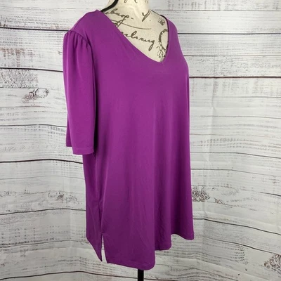 Susan Graver Liquid Knit Top Womens 1X Purple Elbow Puff Sleeve V Neck Semi Fit - Image 1 of 4