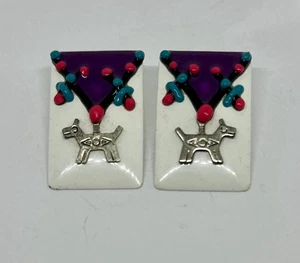 Pendientes Southwestern Esmalte Plata Dije Perro Púrpura Blanco 1.5" - Imagen 1 de 5