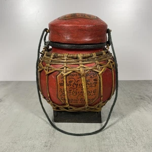 Vintage Thai Lackiert Handgewebt Bambus Reis Samen Korb Behälter 8" Rot Schwarz - Bild 1 von 10