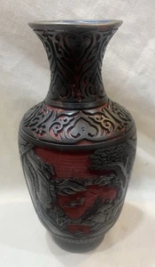 Vintage Chinese Red / black Cinnabar Lacquer Vase Carved Blue Enamel 9" - Picture 1 of 4