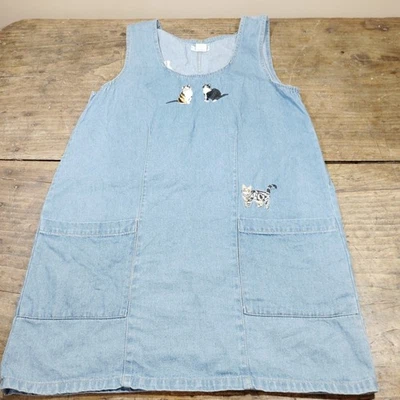 Cherokee Womens Sz Medium Dress Denim Jumper Blue Cats Kittens Pockets Smock - Image 1 of 4