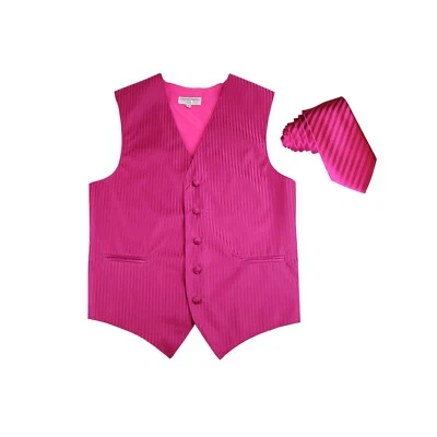 New Men's Tuxedo Vest Vertical Stripes 2.5" Skinny Necktie prom party Hot Pink - Image 1 of 3
