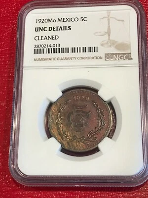 RED/PURPLE TONING NGC UNC DETAILS 1920 Mo MEXICO 5 CENTAVOS-EAGLE & SNAKE-MAR045 - Image 1 of 4