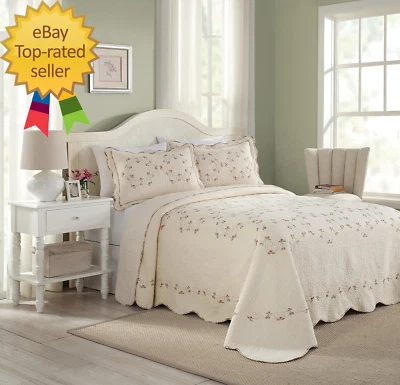 Felisa Floral Embroidered Quilted Bedspread Lightweight All Seasons Vintage - Image 1 of 4