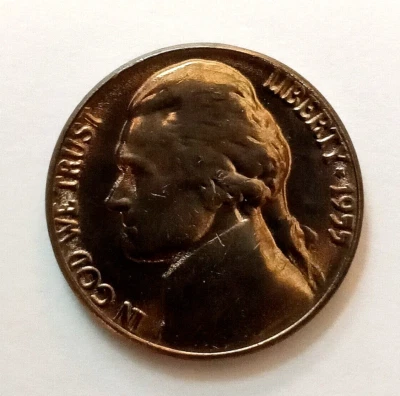 1955-P Jefferson Nickel Gem BU 'Black Beauty' from UNC OBW roll - Scarcer date - Image 1 of 4