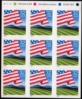 Scott #2919a FLAG OVER FIELD (Farm) Booklet Pane of 9 32¢ Stamps - MNH w/P# - Image 1 of 2