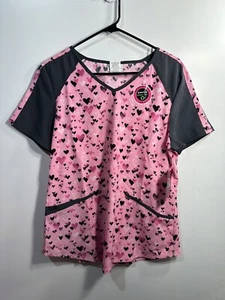 scrub star womens pink hearts short sleeve scrub shirt top size medium pockets - Picture 1 of 6