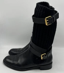 Gucci Black Leather/Knit Logo-Heel Mid-Calf Biker Bootie sz 39.5 - Picture 1 of 7
