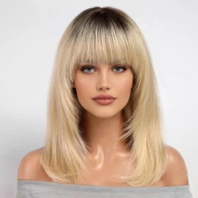 Парики из 100% человеческих волос медовые светлые с челкой темные корни многослойная стрижка машинное производство - Изображение 1 из 3