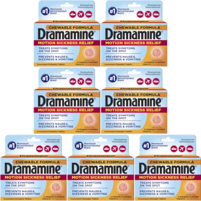 7 Pack Dramamine Motion Sickness Relief Chewable Tablets Orange Flavor 8 Each - Изображение 1 из 3