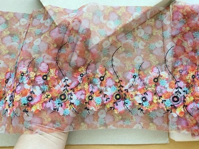 Floral Embroidered Lace Trim with colorful Mesh Base/Sewing/Dolls/Craft/7" Wide - Image 1 of 4
