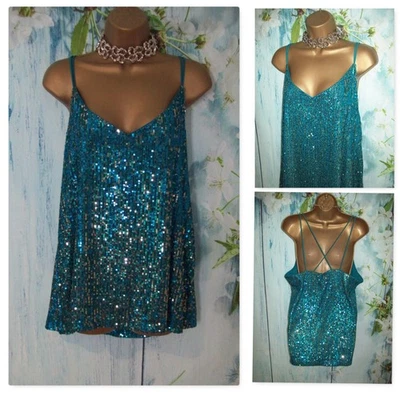 SIGUIENTE Top Camisola Lentejuelas Azul Teal Talla 20 Brillante Fiesta Navidad Crucero Foto 1 de 4
