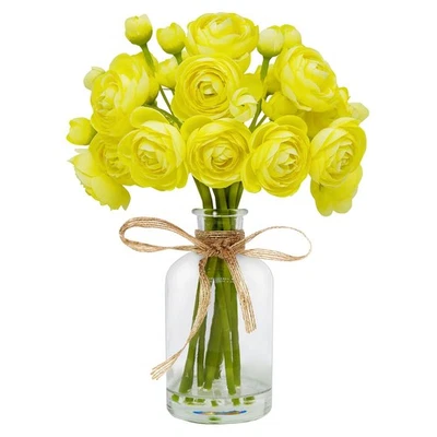 Ranunculus Artificial Flower with Vase 8PCS Bright Yellow Faux Silk Arrangement - Image 1 of 4