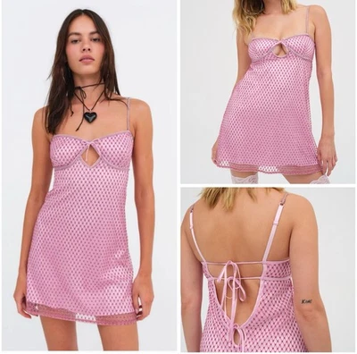 $169 For Love And Lemons (L) Glitter Heart Slip Dress | Pink Grid Jewels  | NWT - Image 1 of 4