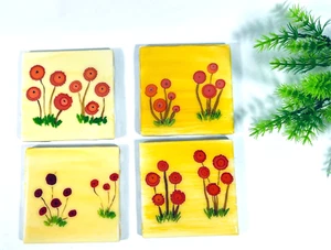 Decorative Ceramic Tile 4" x 4" Coaster Orange & Red Flower Yellow Flower (4) - Picture 1 of 10