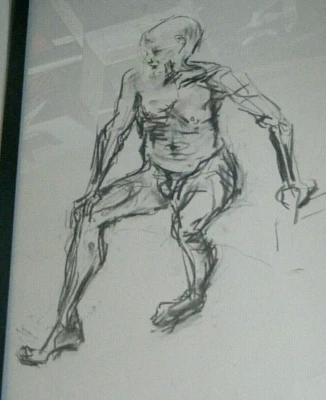 Figura de dibujo de vida desnudo expresivo, carbón/papel, hombre sentado talla A1/A2 @ Foto 1 de 4