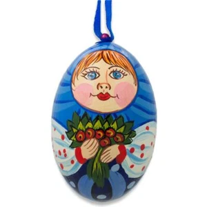 Doll with Flower Bouquet Wooden Egg Ornament 3 Inches - Picture 1 of 2