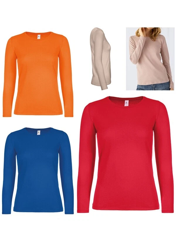 Damen Langarm T-Shirt Longsleeve Shirt Baumwolle Langarmshirt Unisex Rundhals - Bild 1 von 2