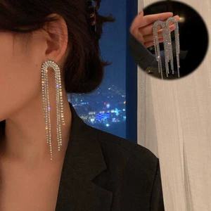 Pendiente largo de gota de cristal de borla geométrico completo de estrás de moda para mujeres - Imagen 1 de 9