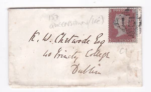 1854 QV FINE 1d PENNY RED STAMP C1 ON QUEENSTOWN TINY COVER TO DUBLIN IRELAND - Picture 1 of 3