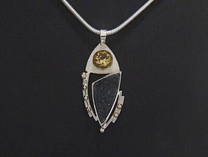 Black Agate Drusy. Custom Faceted Citrine. Pendant. 14 K & Sterling - Picture 1 of 1