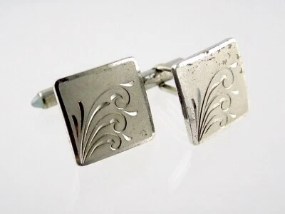 Gemelos cuadrados vintage de plata esterlina KREMENTZ hojas grabadas para hombre Foto 1 de 4