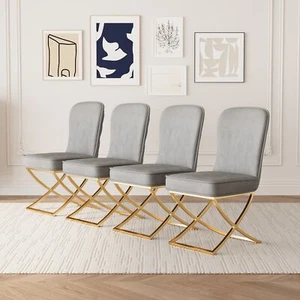 Set of 4 Velvet Dining Room Chairs Side Chair Golden Metal Legs Living Room Gray - Picture 1 of 10