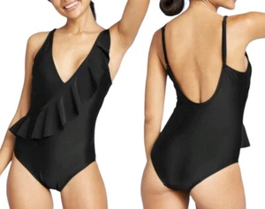 NEW Women's Asymmetrical Ruffle High Coverage One Piece Swimsuit Black - Picture 1 of 6