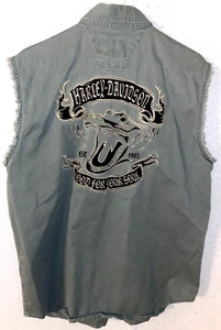 Harley Davidson Men's Denim Military Green Vest Jacket L Alligator Embroidered - Picture 1 of 7