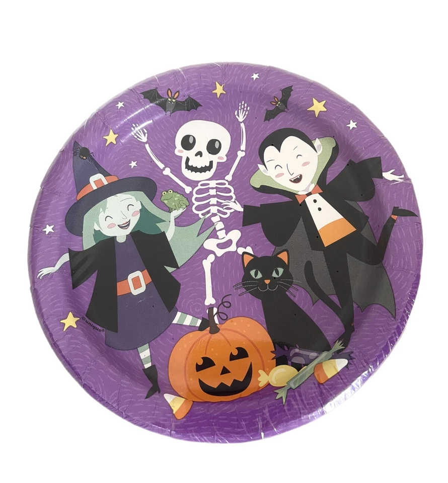 10件紫色6.75英寸万圣节盘子:幽灵朋友三重奏,女巫吸血鬼骨架 — 第 1/1 张图片