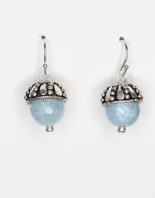 Pendientes de plata de ley .925 de 1" con piedras preciosas de bola facetadas azul aguamarina de 10 mm Foto 1 de 3