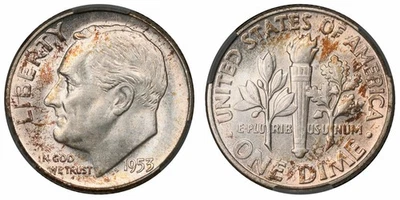 Moneda de diez centavos Roosevelt 1953-P, CACG MS66, ¡bonita tonificación como nueva! Foto 1 de 3