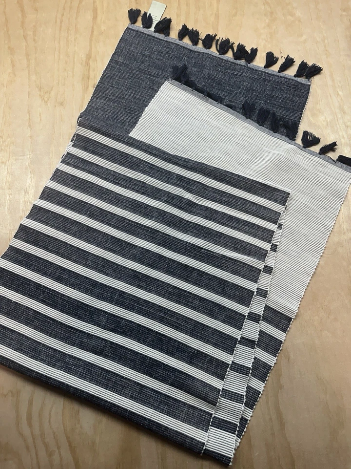 Pottery Barn Blue Striped Table Runner 20 X 108" Ribbed Fringes India Cotton - Image 1 of 4