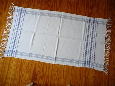 Tischdecke Leinen 128x71cm, weis/blau, Fransen, Handarbeit - Bild 1 von 4