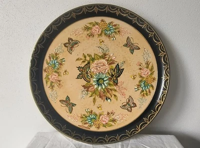 Vintage 13" Decorative Hand Painted Floral And Butterflies Paper Mache Tray ISCO - Image 1 of 4