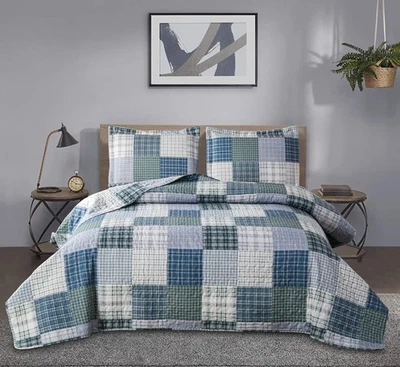 JESSY HOME Quilt Set Queen Size Plaid Bedspread Coverlet Queen Quilt Set Bedding Mens Bo...