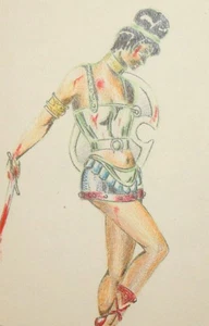 Pintura a lápiz vintage thatre diseño de vestuario mujer retrato guerrero amazónico - Imagen 1 de 11