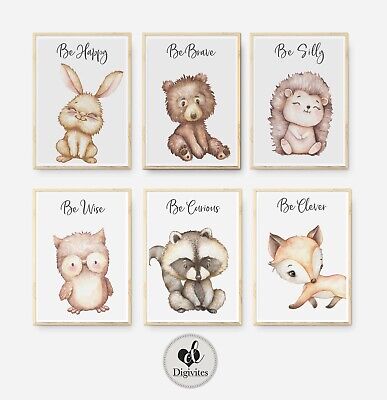 Baby Woodland Nursery Prints, Set Of 6, Be Brave, Be Happy, Be Clever, Be Silly • 68.57$